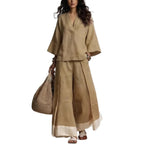 French V-Neck Three-Quarter Sleeve Shirt + Contrasting Color Wide-Leg Pants Suit For Women
