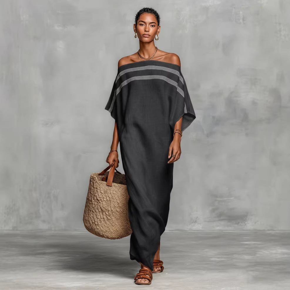 Stripe Off Shoulder Batwing Linen Maxi Kaftan Dress