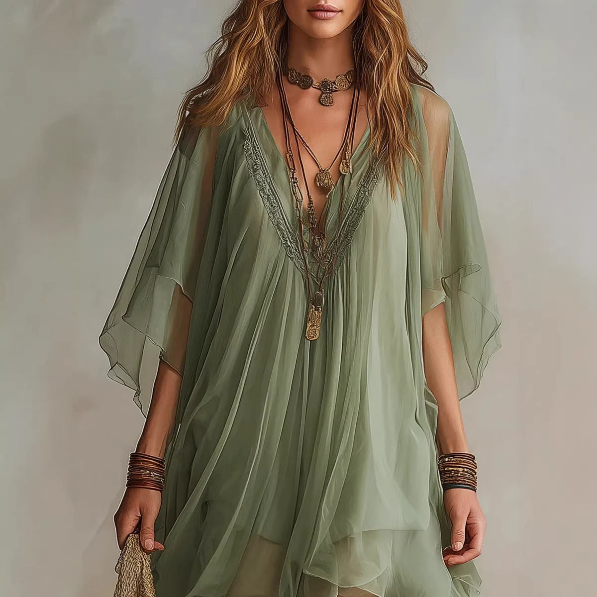 Fashion V-Neck Chiffon 2-Piece Dress Seaside Vacation Loose Blouse Beach Skirt