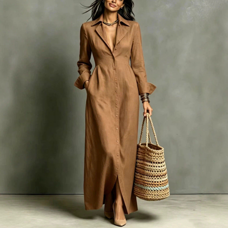 Women'S Lapel Collar Button‑Front Linen Shirt Maxi Dress