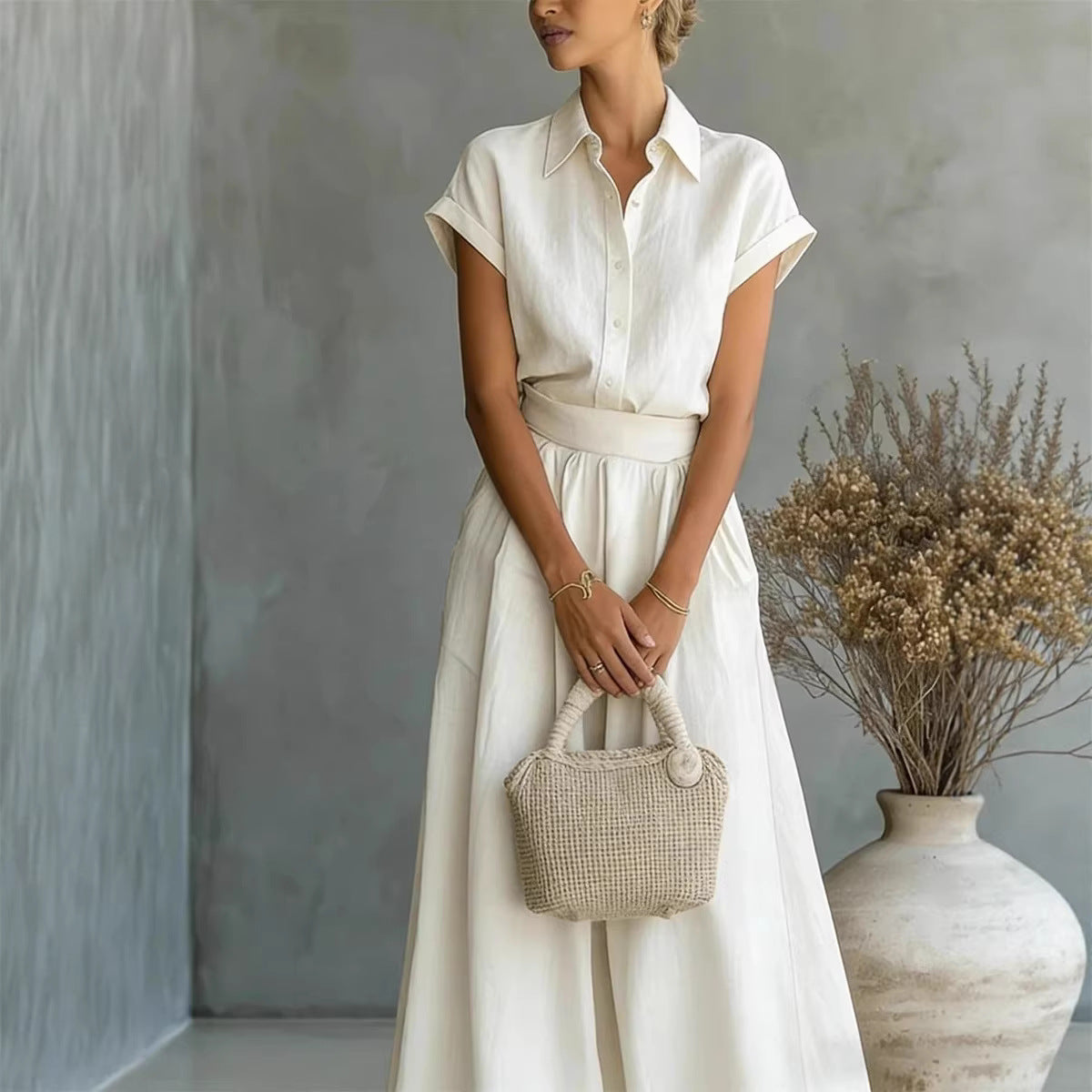 Cap Sleeve Collared Shirt & High Waist Wide Leg Pants Two Piece Set