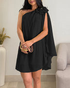 Women's Bright Yellow One Shoulder Chiffon Mini Dress with Floral Applique and Cape Sleeve