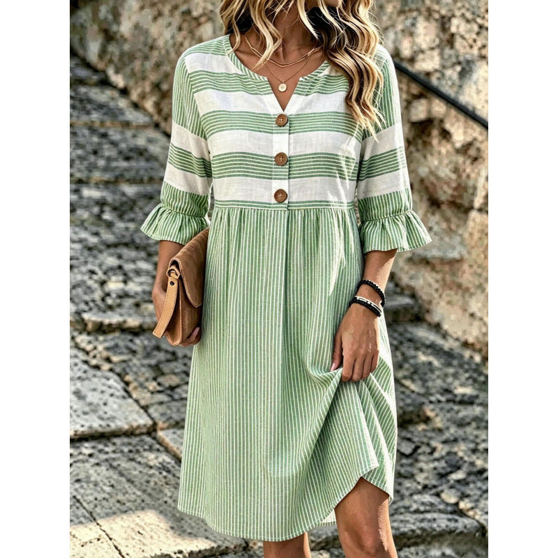 Women's Striped Notch Neck Button Front Midi Dress