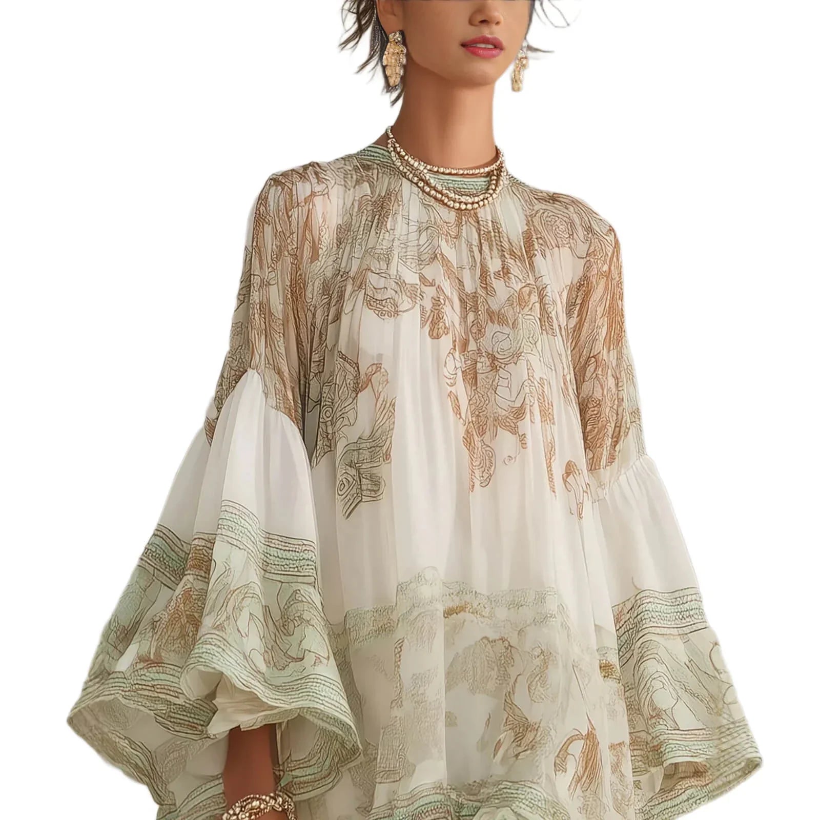 Boho Printed Ruffled Flare Sleeve Stretchy Polyester Womens Mini Dress
