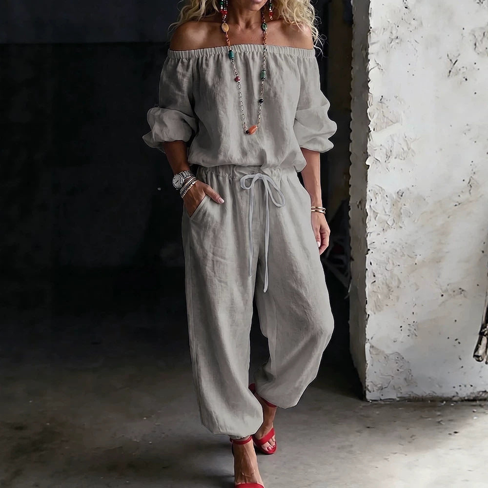 Sage Linen Off Shoulder Drawstring Waist Jogger Jumpsuit