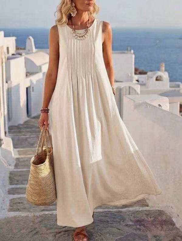 Pleated Pocket Linen Blend Vacation Maxi Dress
