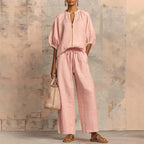 New Arrivals🔥 Stylish Cozy Zipper Shirt & Wide-Leg Pants Linen Cotton Two-Piece Set