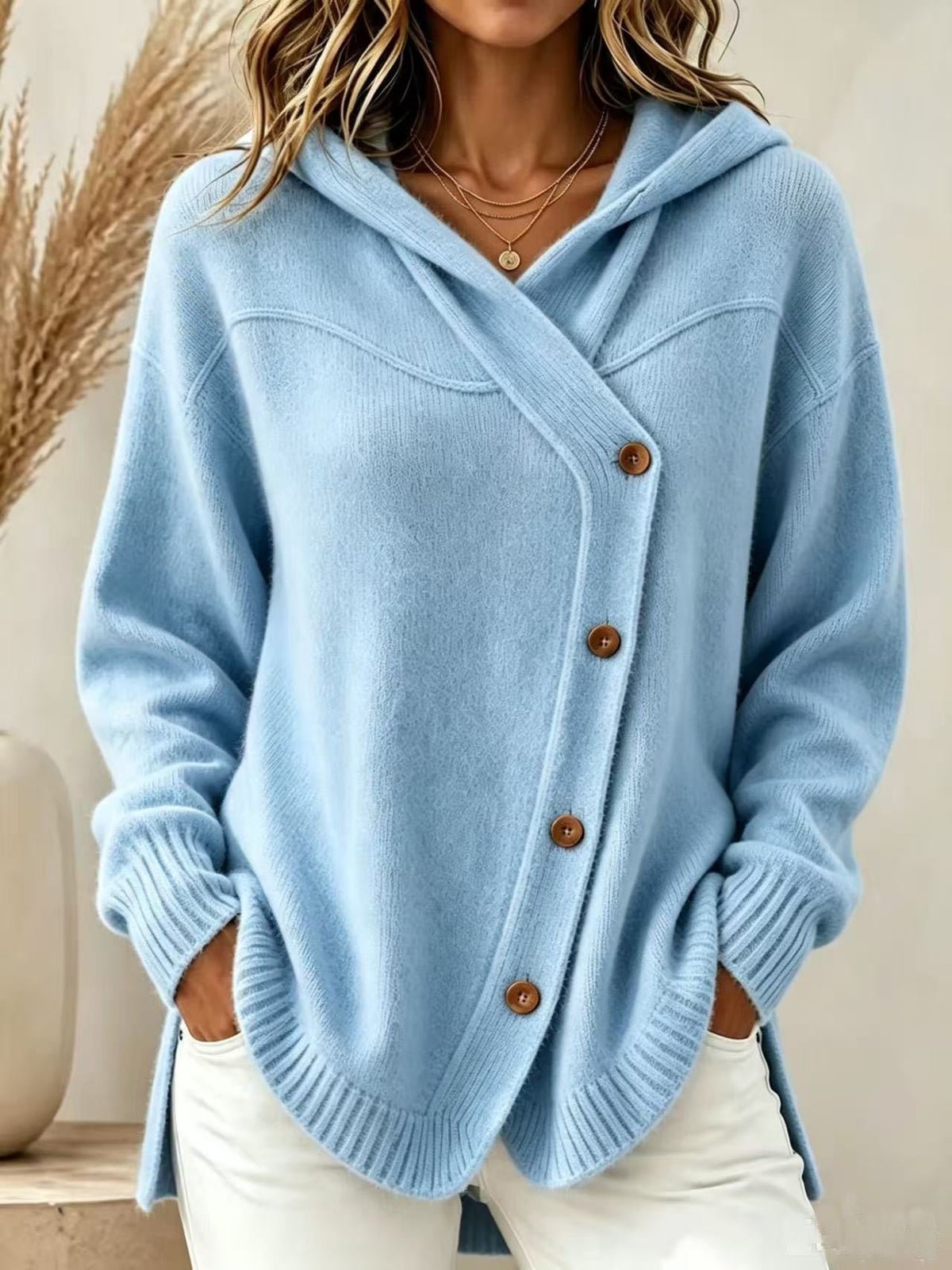 Hooded Wrap Diagonal Button Knit Cardigan