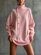 Oversized Asymmetric Button Turtleneck Knit Mini Dress