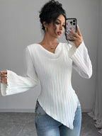 Women's White Ribbed V Neck Flare Long Sleeve Asymmetric Hem Slim Knit Top