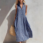 Women's Summer Resort Seaside Plaid Sleeveless Loose Long Dress