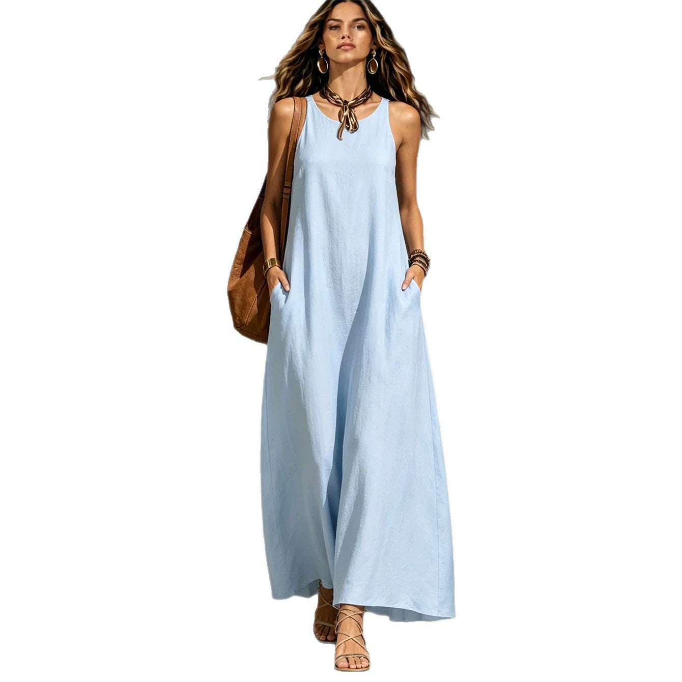 Textured Sleeveless Round Neck Pocketed Maxi Tent Dress