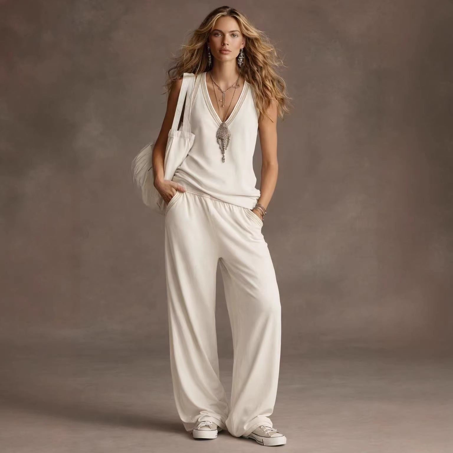 Boho V-Neck Sleeveless Two-Piece Loungewear Set