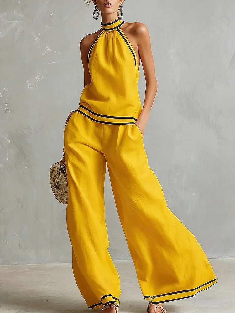 Halterneck Sleeveless Wide-Leg Pants Suit For Women