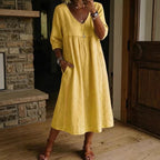 Elegant Linen-Blend V-Neck Midi Dress with Lace Inserts & Pockets | Casual Summer Dress for Women