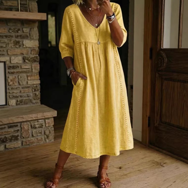 Elegant Linen-Blend V-Neck Midi Dress with Lace Inserts & Pockets | Casual Summer Dress for Women