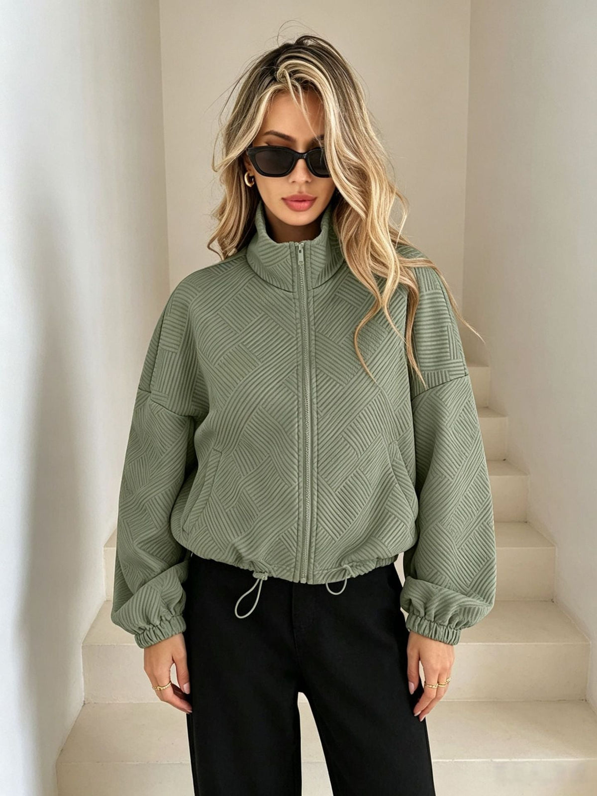 Women’s Solid Beige Geometric Textured Zip‑Up Drawstring Cropped Jacket - Green / S