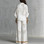 High Waist Wide Leg Pants Two Piece Set, Luxury Satin Elegant Vacation Matching Outfit