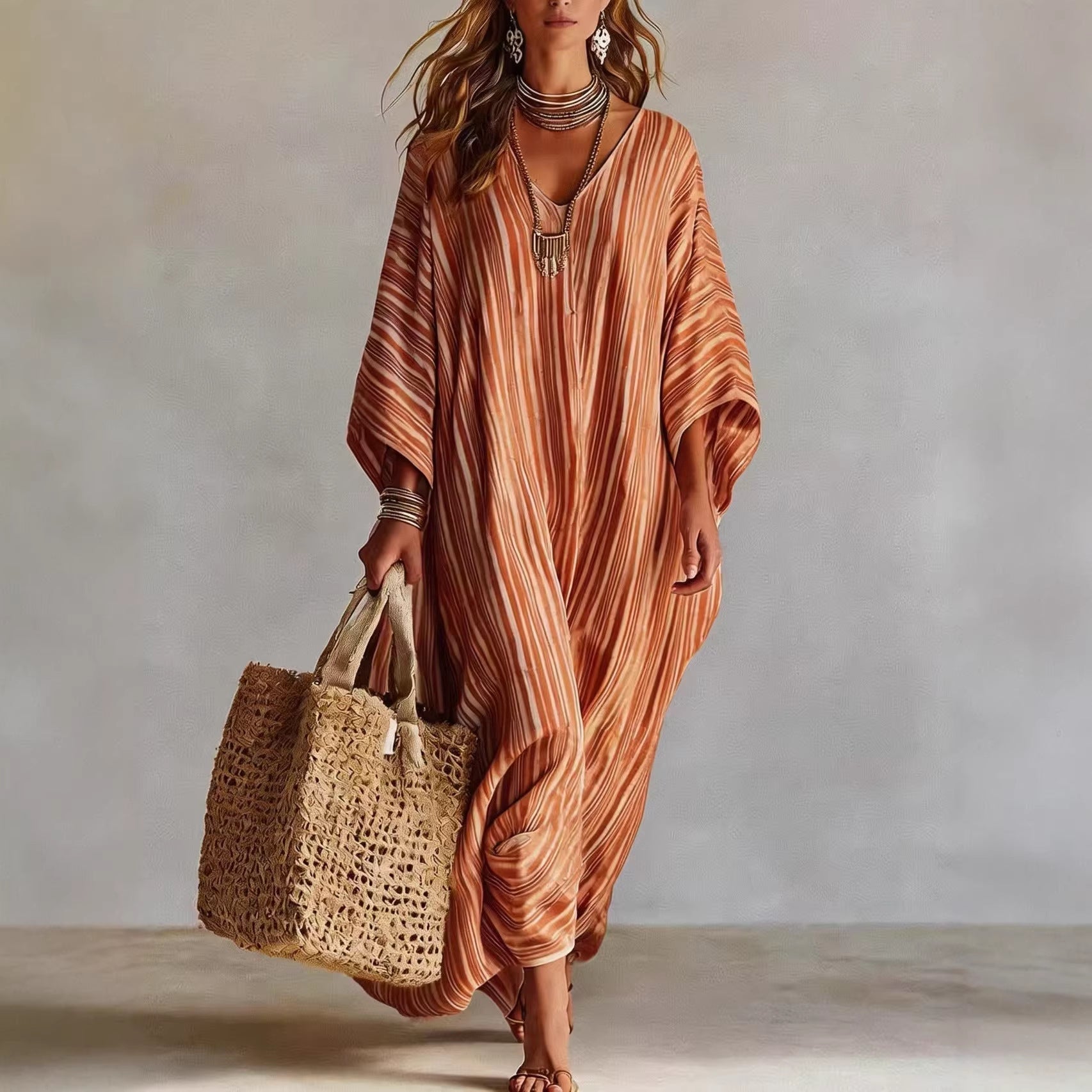 Women's Light Striped Linen-Blend Kaftan Maxi Dress - Oversized V-Neck Beach Cover-Up