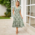 Women's V-Neck Ruffle Sleeve Midi Dress - Versatile Casual Floral/Print Dress with Pockets (6 Colors Available)