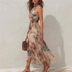 Sleeveless Vintage Watercolor Print Ruffled Flowy Vacation Dress