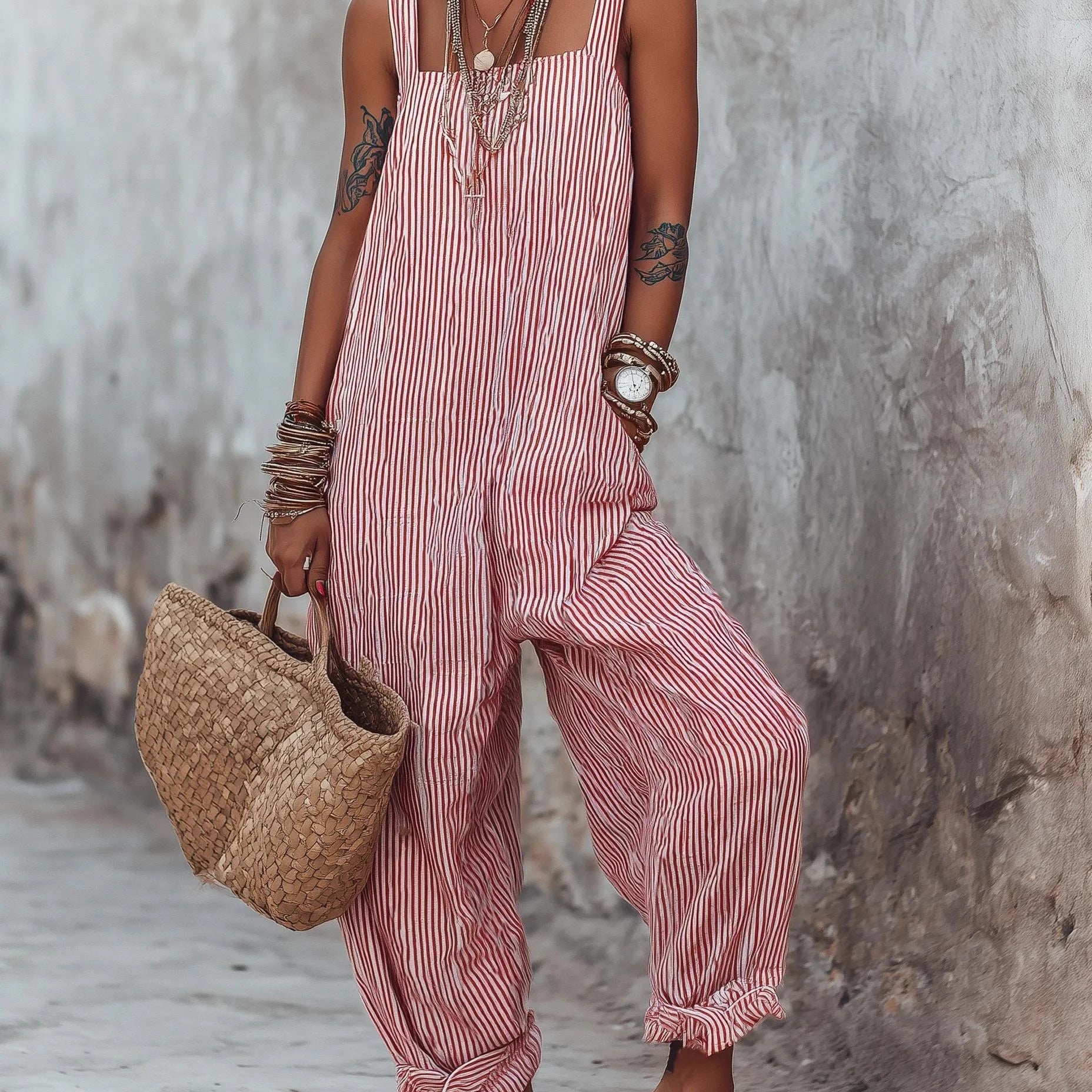 Square Spaghetti Strap Loose Baggy Balloon Leg Ruffle Ankle Casual Vacation Overalls