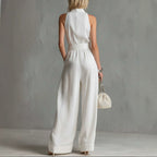 Women's White Linen-Blend Halter Wide-Leg Jumpsuit with Belt