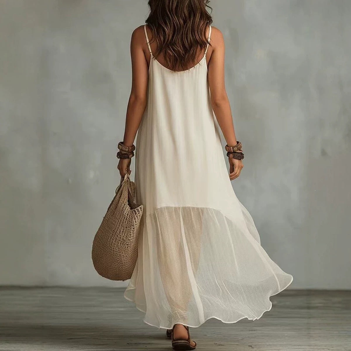 Boho Irregular Ruffle Hem Sleeveless Chiffon Maxi Dress