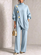 Turtleneck Gold‑Button Asymmetric Knit Tunic & Wide‑Leg Pants Two‑Piece Set