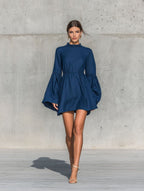 Ruffled High‑Neck Bell‑Sleeve Elastic Waist Mini Dress