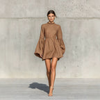 Ruffled High‑Neck Bell‑Sleeve Elastic Waist Mini Dress