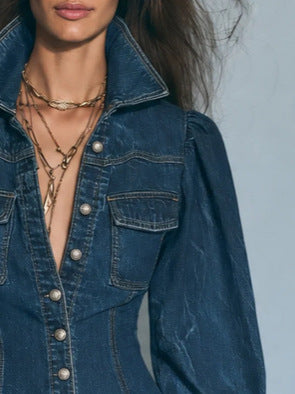Puff Sleeve Lace Trim Fitted Denim Shirt
