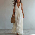 Halter Deep V Gathered Empire Waist Flowy Chiffon Maxi Dress
