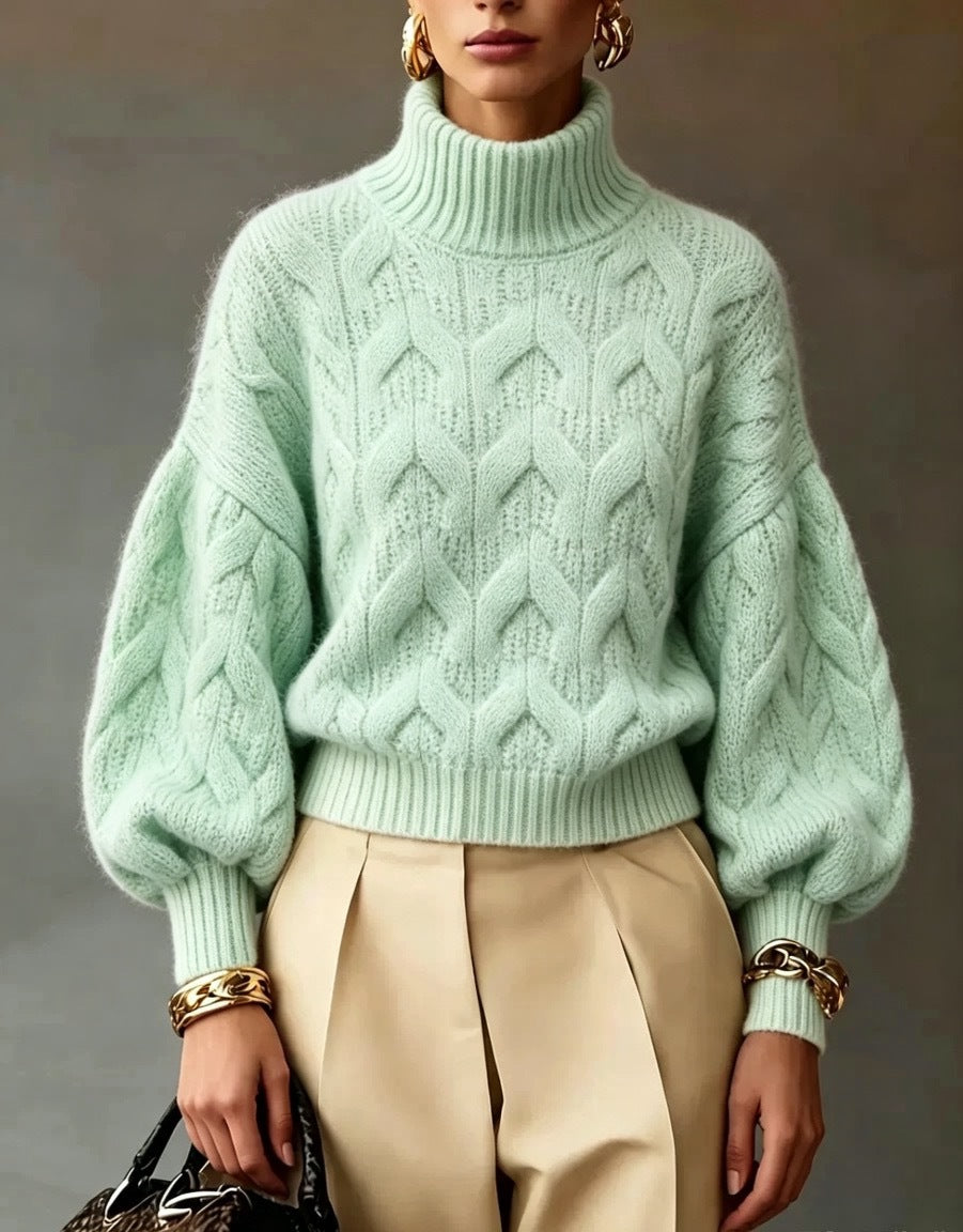 Women's Bright Yellow Turtleneck Cable Knit Oversized Pullover Sweater