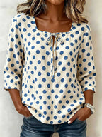 Cream Base Polka Dot Square Neck Tie Front 3/4 Sleeve Blouse