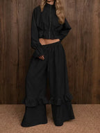 Casual Dusty Lavender Cropped Jacket and Flared Ruffle Pant Set