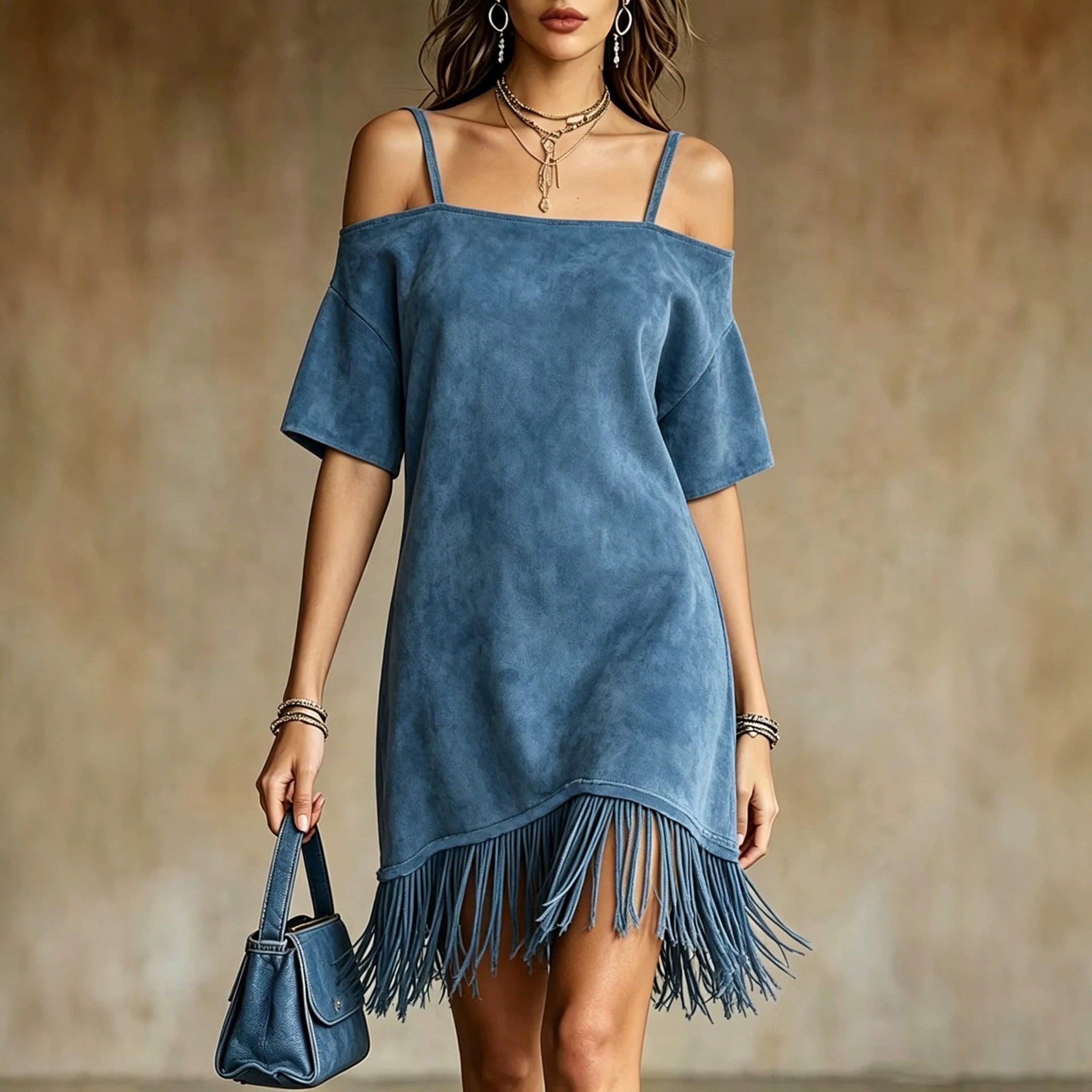 Off Shoulder Spaghetti Strap Suede Fringe Mini Dress