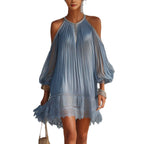 Dusty Blue Pleated Cold Shoulder Mini Dress