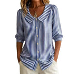 Women Striped Peter Pan Collar Puff Short Sleeve Blouse