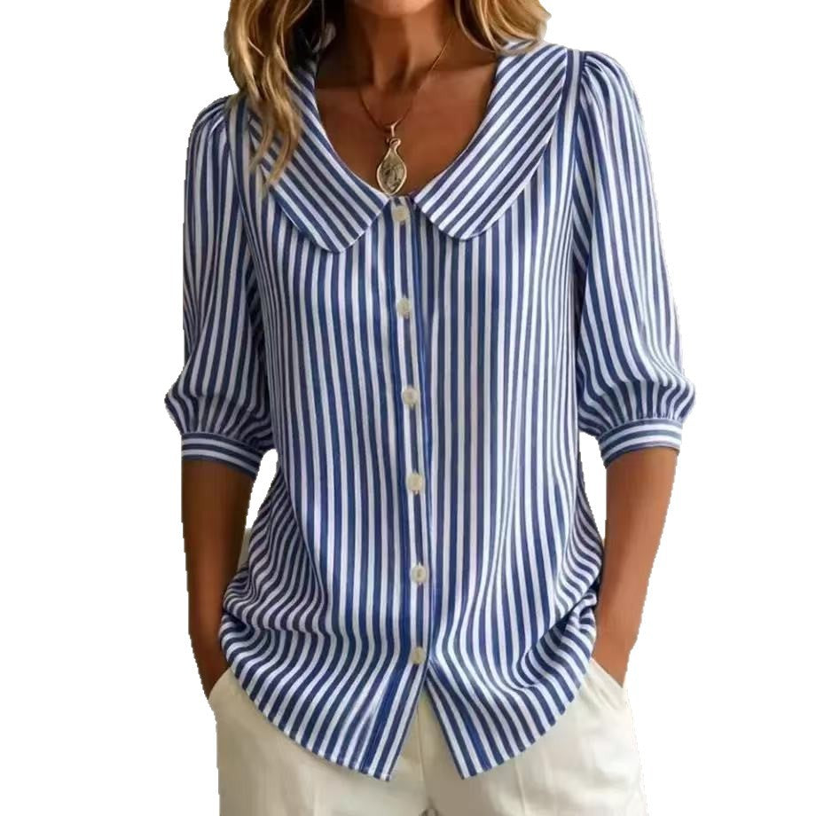 Women Striped Peter Pan Collar Puff Short Sleeve Blouse