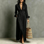 Women'S Lapel Collar Button‑Front Linen Shirt Maxi Dress