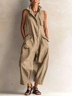 Sleeveless Linen Utility Jumpsuit Loose Cropped Wide Leg Cargo Jumpsuit