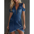 Light Wash Cold-Shoulder Denim Mini Dress
