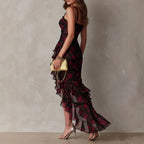 Black Flower Print Irregular Ruffle Suspender Dress