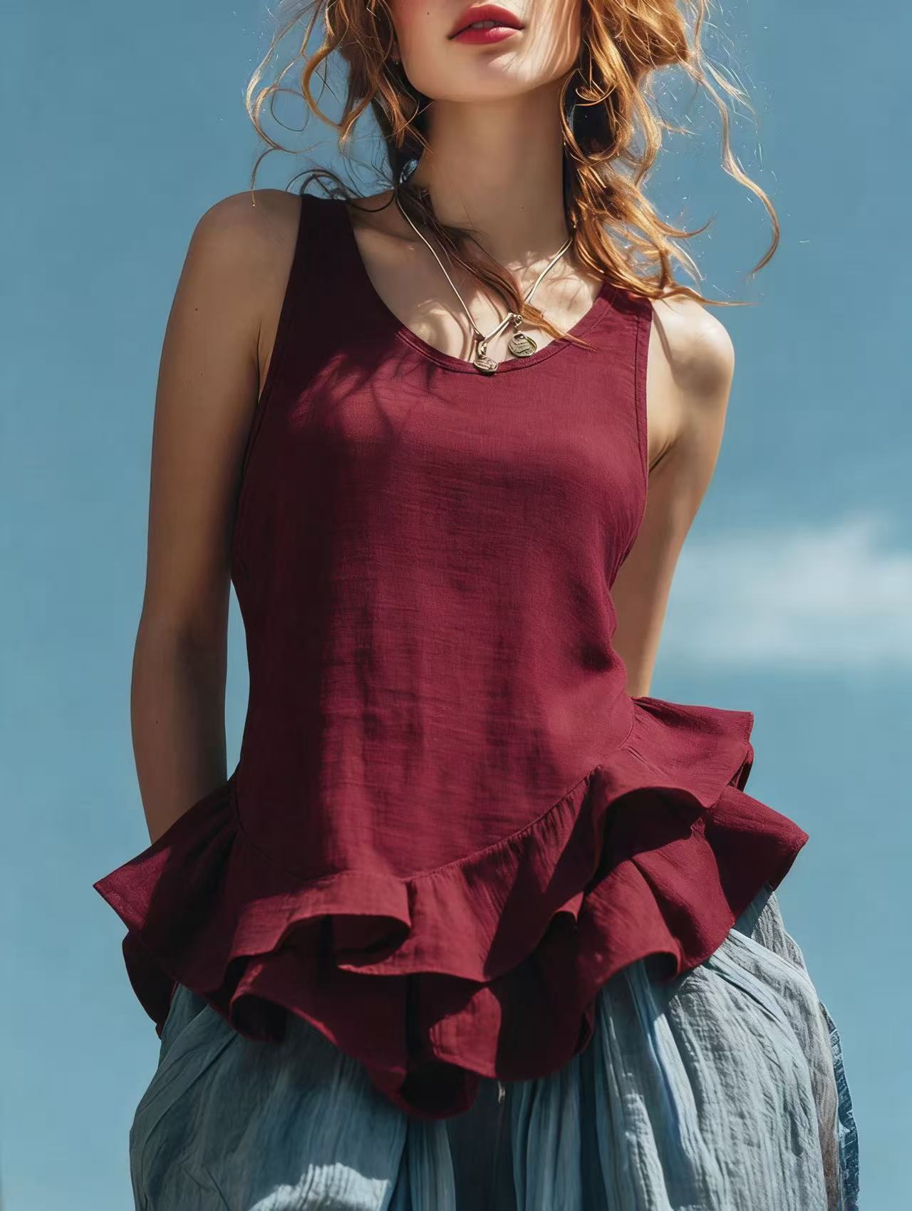 Casual Fashion Sleeveless Hem Ruffled Top