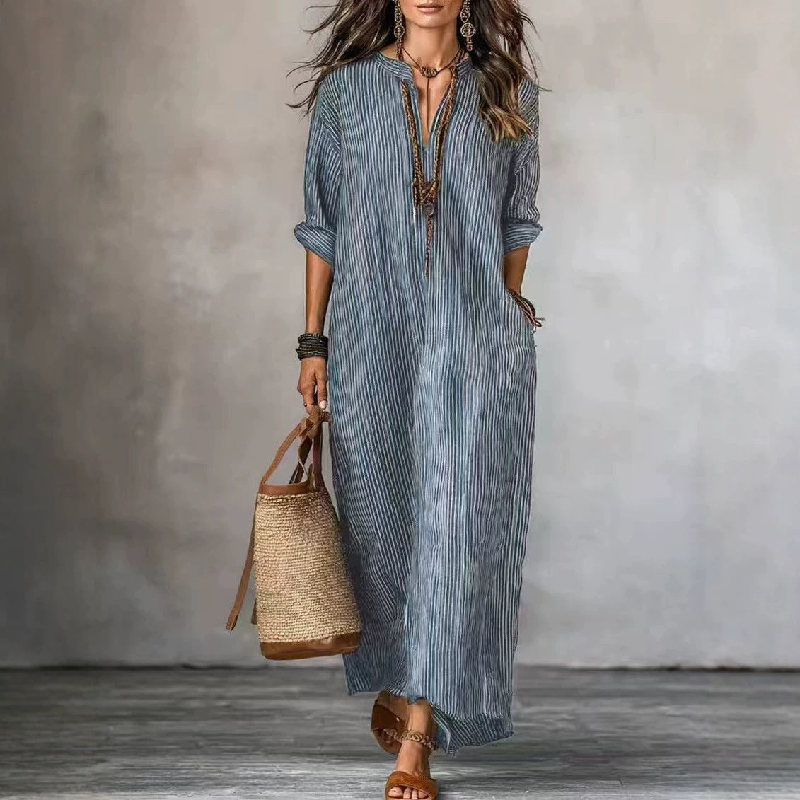 Textured Crinkled V Neck Half Sleeve Loose Maxi Dress