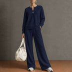 Women'S Notch‑Neck Button Long‑Sleeve Top & Wide‑Leg Pants Two‑Piece Loungewear Set