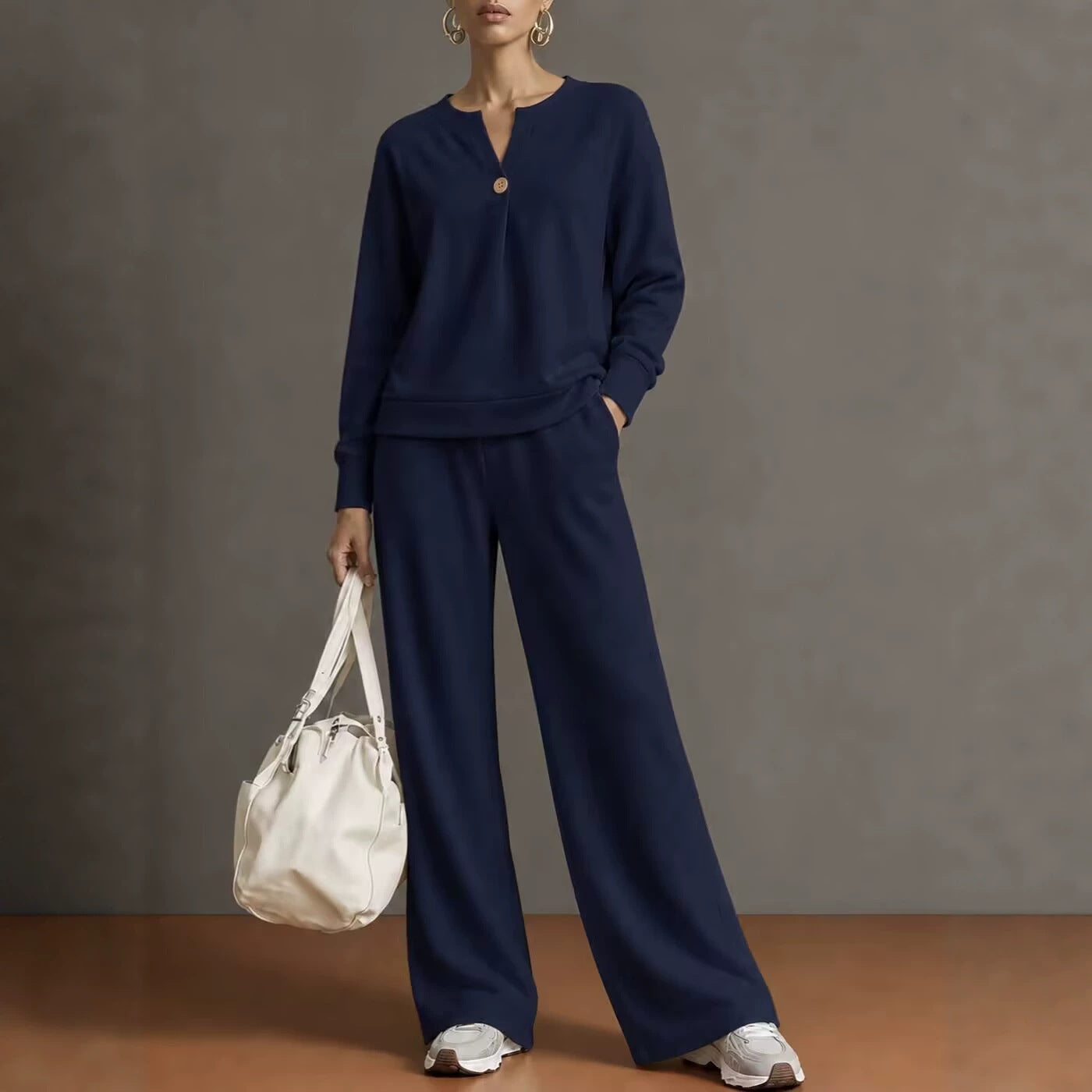 Women'S Notch‑Neck Button Long‑Sleeve Top & Wide‑Leg Pants Two‑Piece Loungewear Set