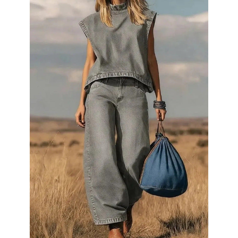 High Waist Wide Leg Jeans Two-Piece Set
