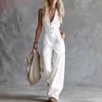 Women's Shirt-collar Sleeveless Wide-leg Jumpsuit